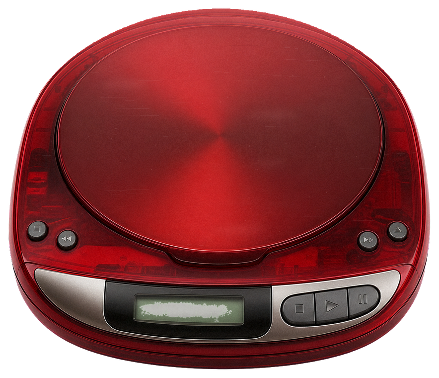 A glossy red portable CD player